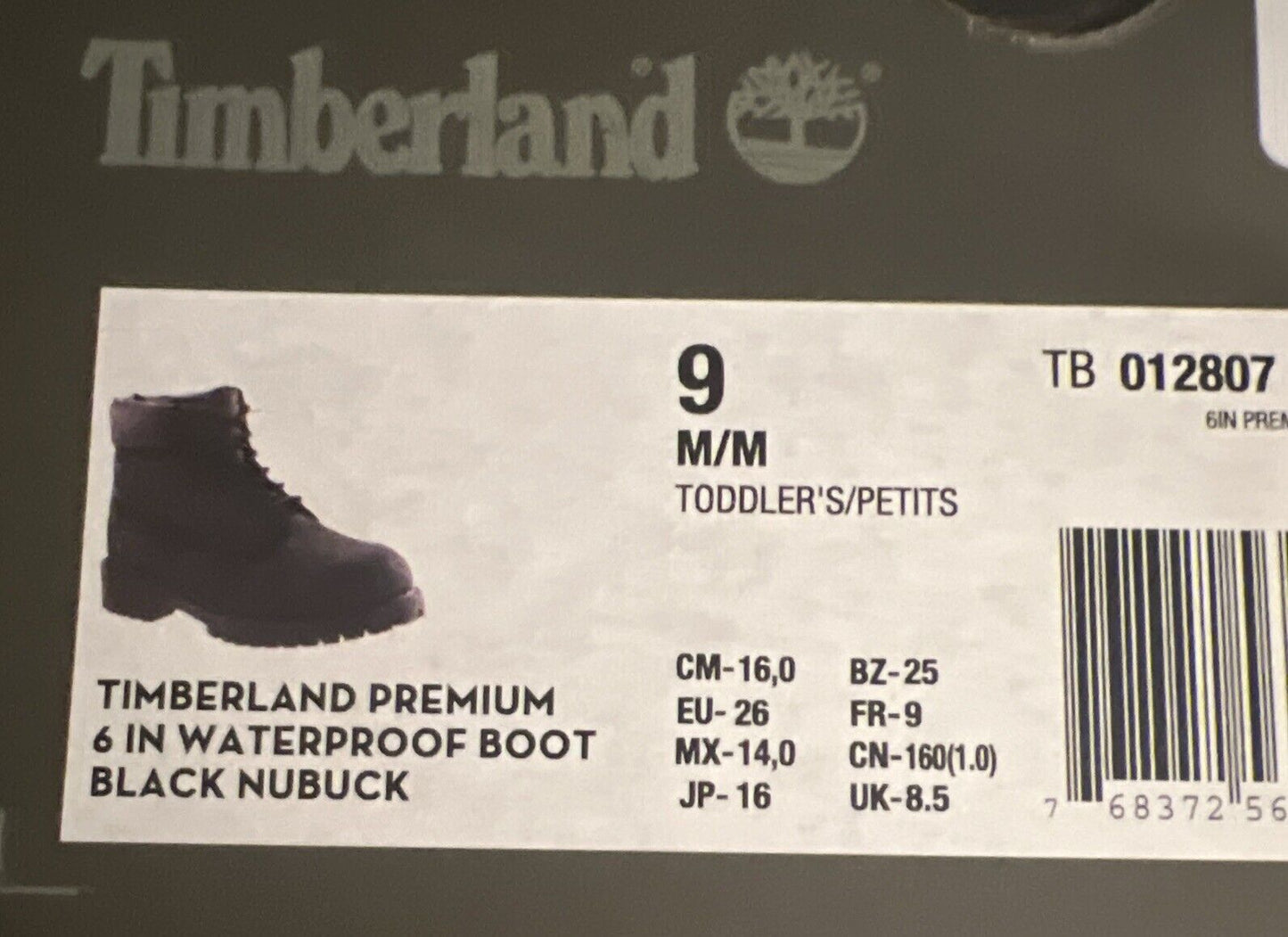Size 9-Timberland 6-Inch Premium Waterproof "Black Nubuck" Toddler Kids' Boot