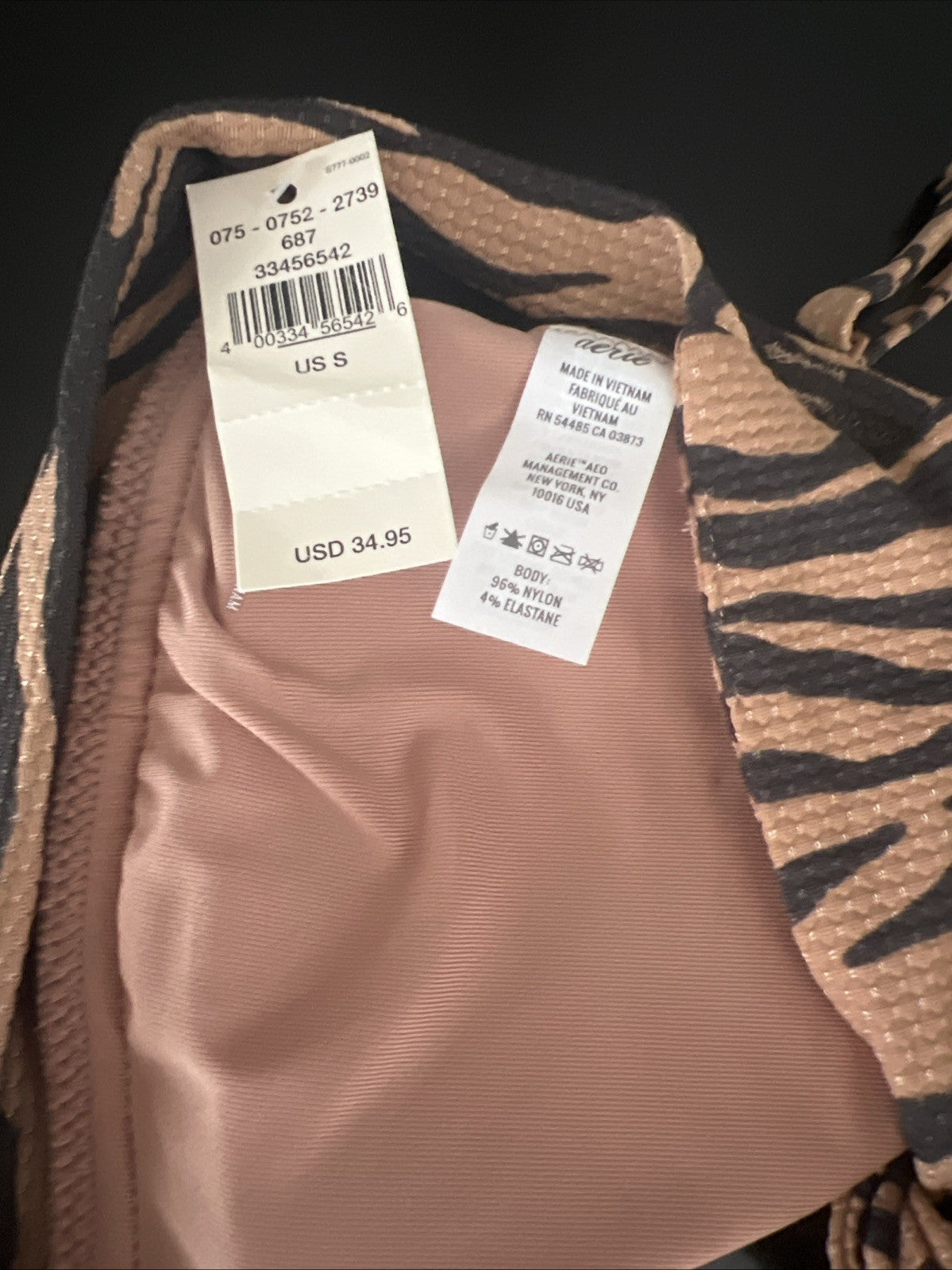 Size Medium- Aerie Women's Pique Tie Longline Triangle Bikini Top Animal Print