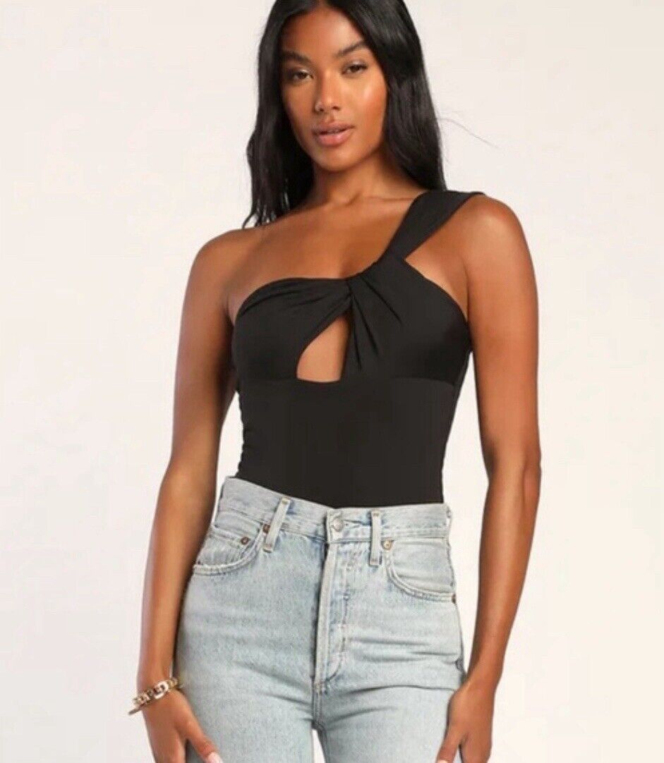 Lulus Sultry Chic One-Shoulder Cutout Bodysuit - Black
