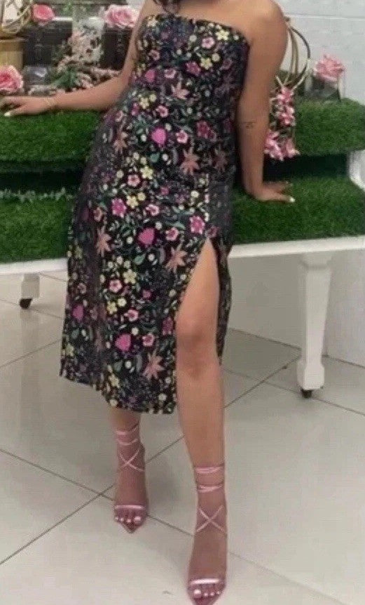 Size M- Lulus Make a Move Black Floral Jacquard Strapless Dress