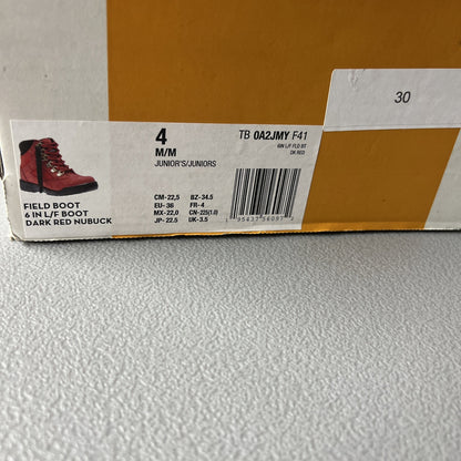 Size 4 - Timberland 6 Inch Field Boot ‘Dark Red Nubuck’ (Juniors)