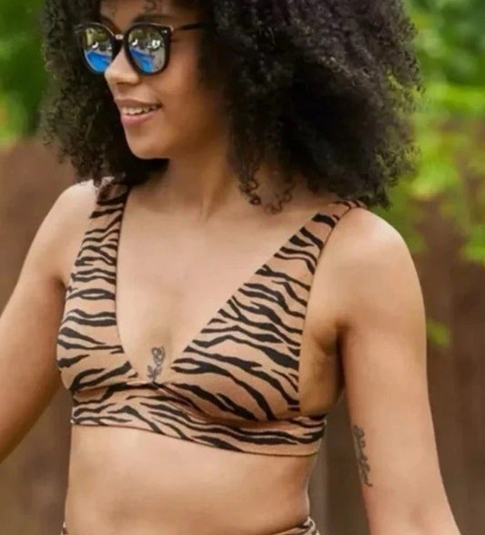 Size Medium- Aerie Women's Pique Tie Longline Triangle Bikini Top Animal Print