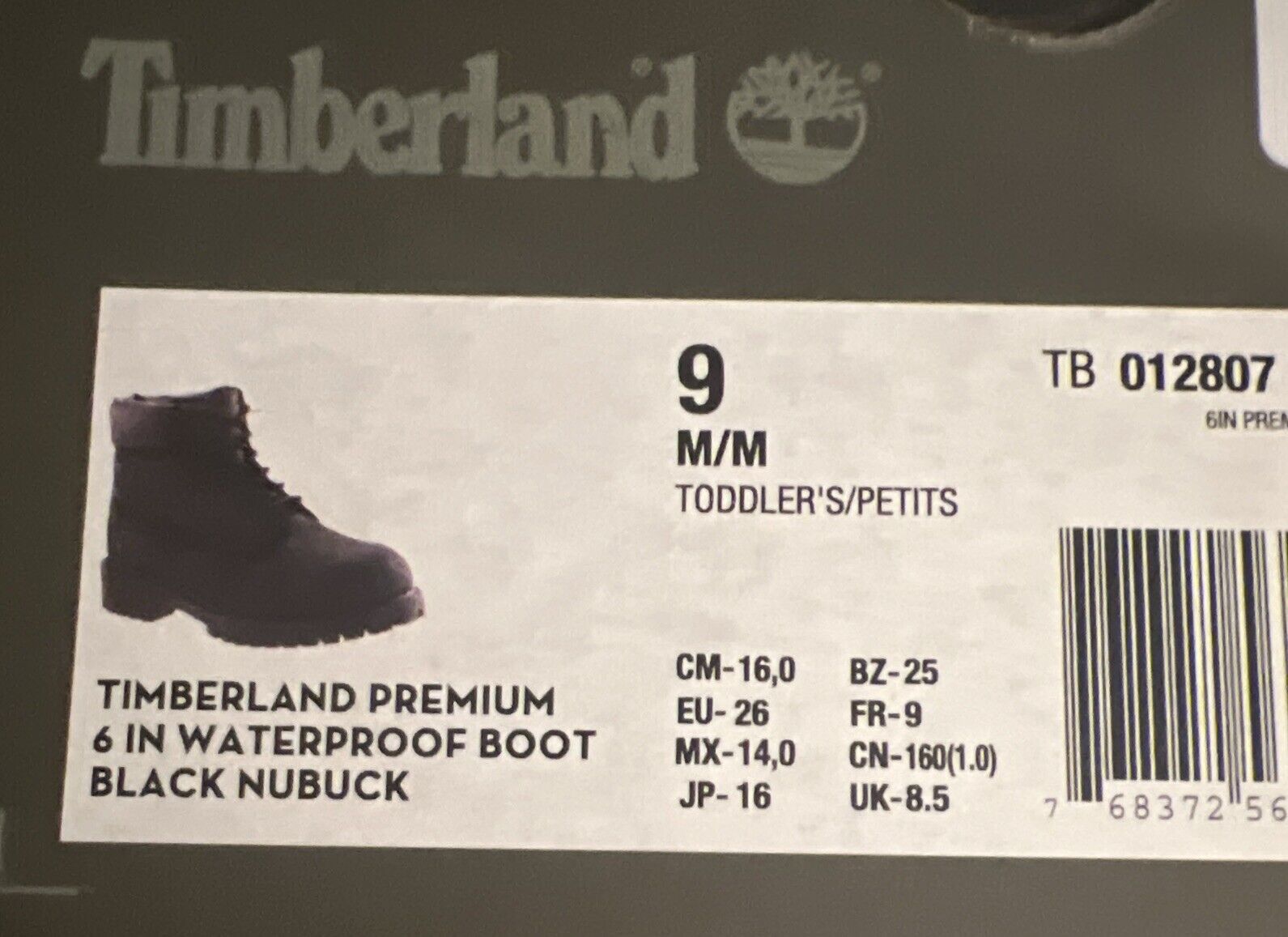 Size 9-Timberland 6-Inch Premium Waterproof "Black Nubuck" Toddler Kids' Boot