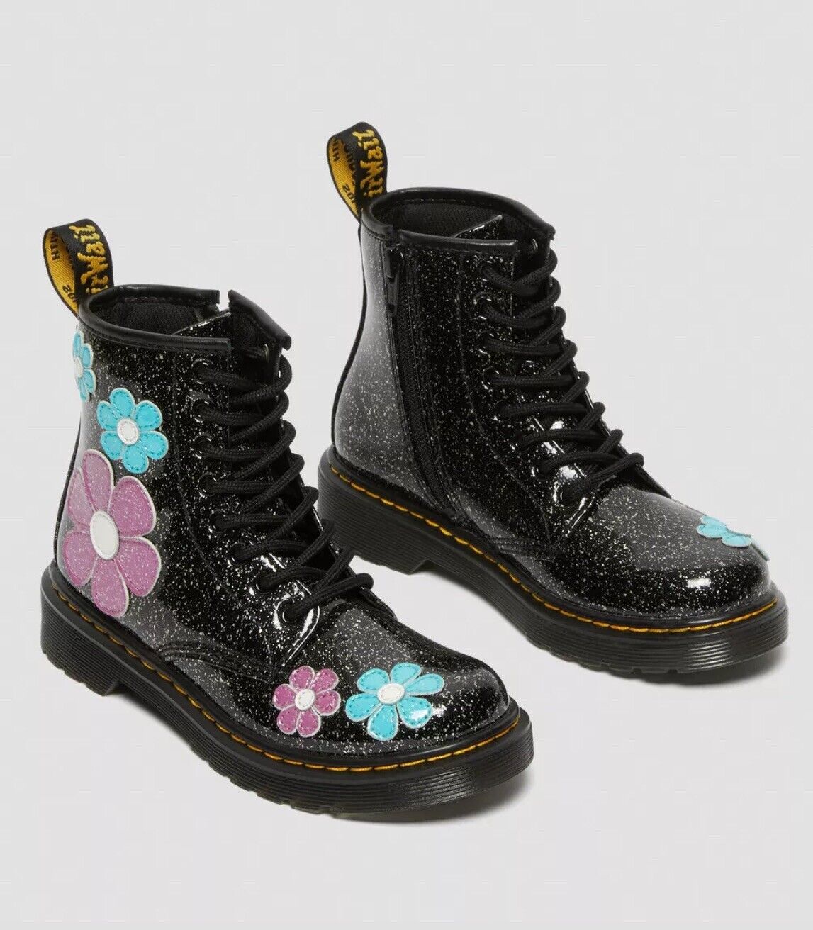 Size 4-JUNIOR 1460 GLITTER PATENT LEATHER LACE UP BOOTS