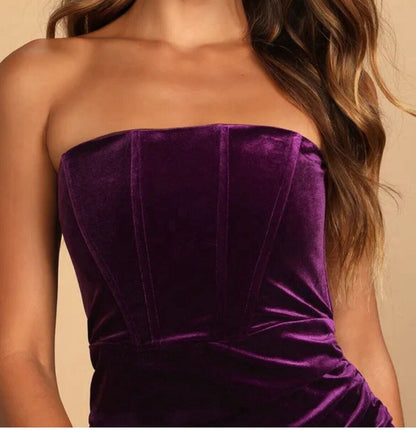 Lulus Glamorous Celebrations Dark Purple Velvet Strapless Tulip Dress Large