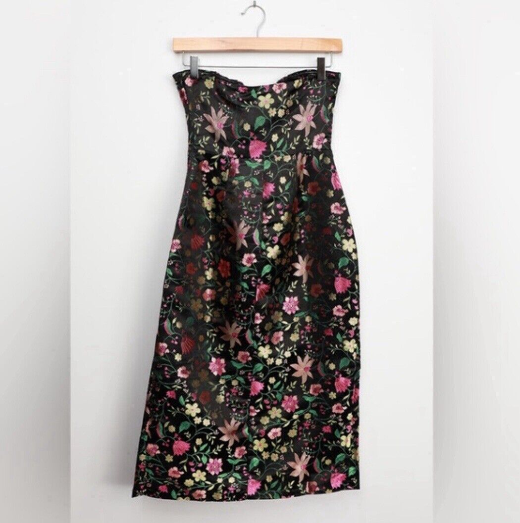 Lulus Make a Move Black Floral Jacquard Strapless Dress | Size M