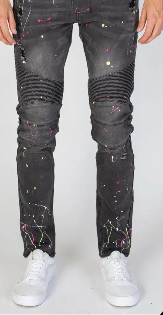 Size 38- KDMK Moto Jeans With Neon Paint Splatter-Medium Gray