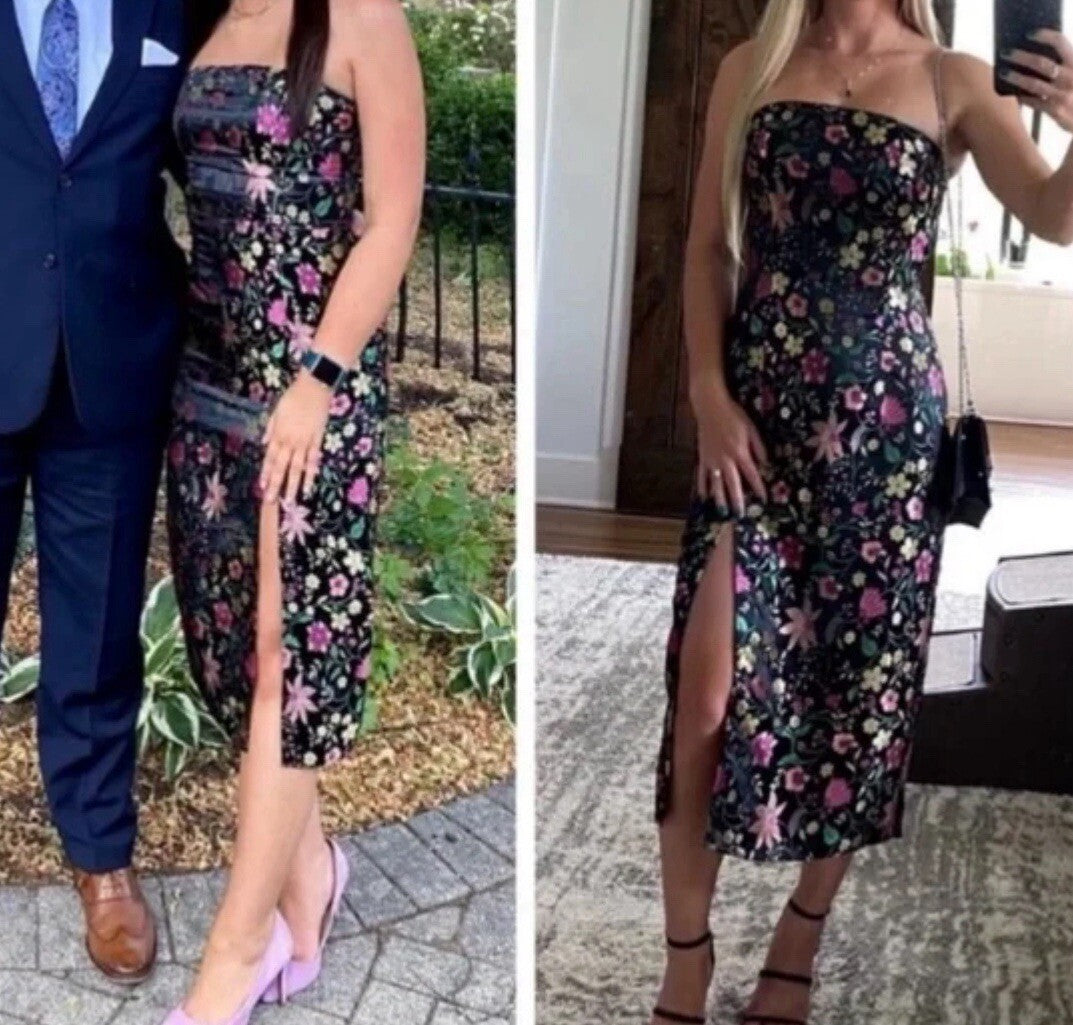 Size M- Lulus Make a Move Black Floral Jacquard Strapless Dress