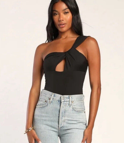 Lulus Sultry Chic One-Shoulder Cutout Bodysuit - Black