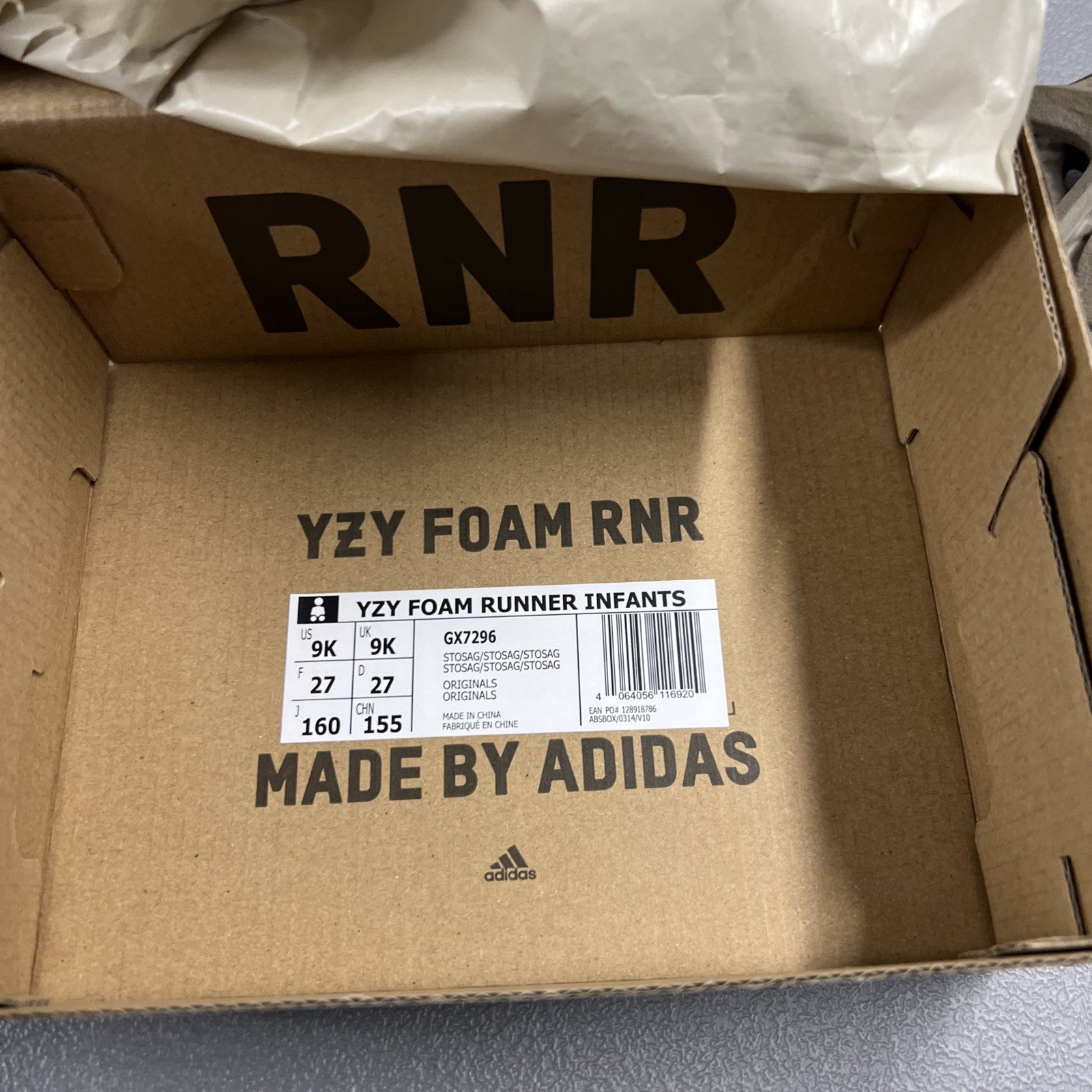 Size 9 Kids Adidas Yeezy Foam RNNR (Stone Sage)