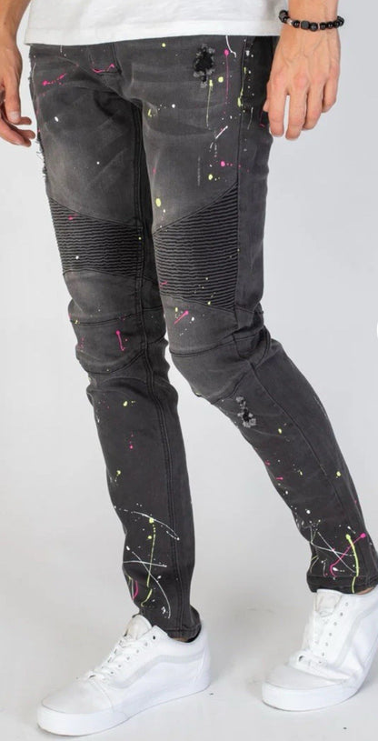 Size 38- KDMK Moto Jeans With Neon Paint Splatter-Medium Gray