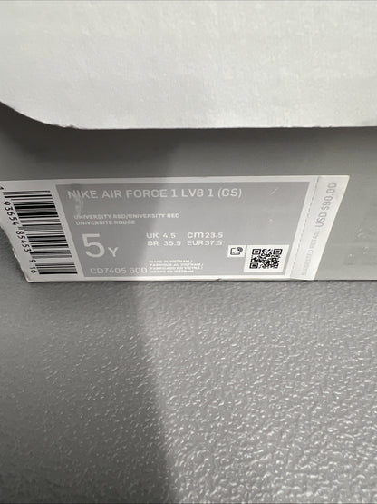 Size 5Y or 6.5 Wmns- Nike Air Force 1 Low LV8 ‘University Red White’ (GS)