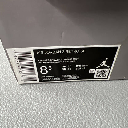 Size 8.5 Men’s or 10 Wmns- Jordan 3 Retro ‘Winterized Archaeo Brown’