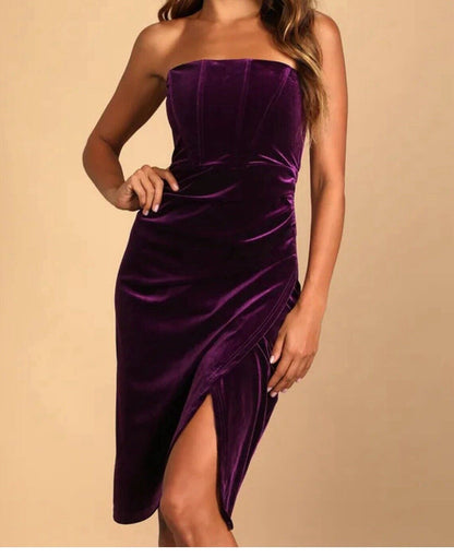 Lulus Glamorous Celebrations Dark Purple Velvet Strapless Tulip Dress Large