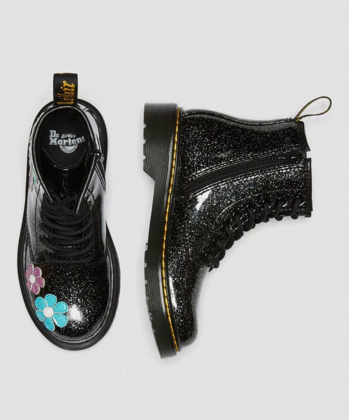 Size 4-JUNIOR 1460 GLITTER PATENT LEATHER LACE UP BOOTS